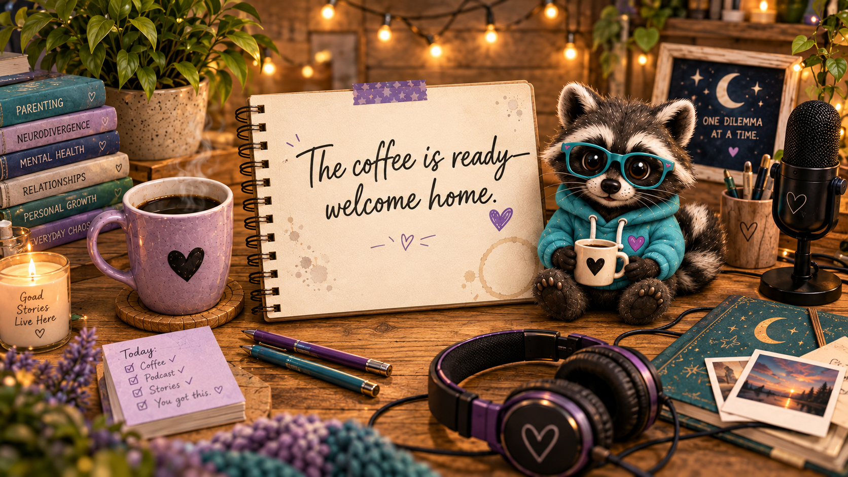 Cozy Chaos with Kori desk scene with coffee, notebook, podcast microphone and Brain Raccoon