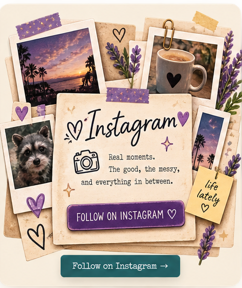 Instagram scrapbook collage with polaroids, coffee, sunset photos and Brain Raccoon